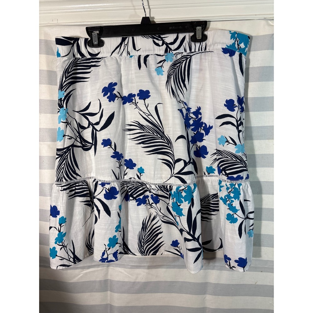 Liz Claiborne Petite XL Blue Floral Tropical Palm Ruffle Hem Skirt PXL White
